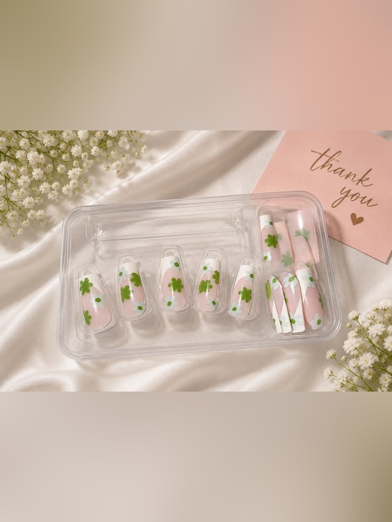None Other - Pink Floral Clover Press-On Nails - Party Ready Set - 24 nails + adhesive tabs